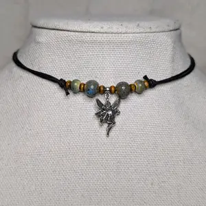 Fairy Charm Ceramic Beaded Silver Boho Hippie Whimsical Adjustable Black Rope Cord Choker Stacking Necklace