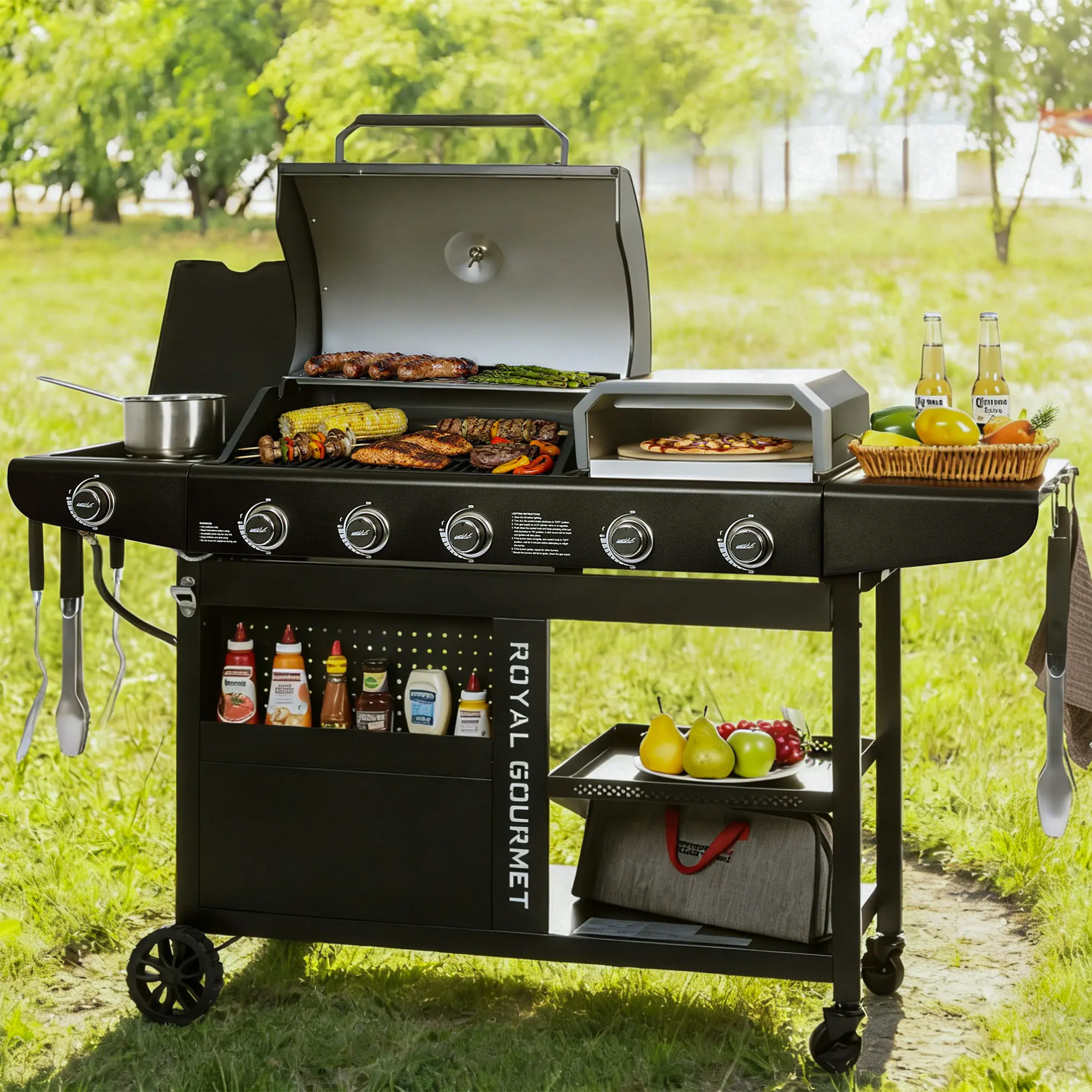 Royal Gourmet ZH3004H 3-in-1 Premium Gas Grill and Pizza Oven Combo with Side Burner,59,000 BTU,768 Square Inches of Grilling Area,Automatic Ignition,Open Shelf Storage,Two Swivel Wheels with Brakes,Perfect for Backyard,Patio and Outdoor Parties,Black