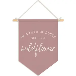 Girl Nursery Decor, in a Field of Roses She Is a Wildflower Wall Hanging Pennant Flag Banner, Wildflower Nursery Wall Decor for Toddler Baby Girls Room Bedroom Playroom 15x11 Inch