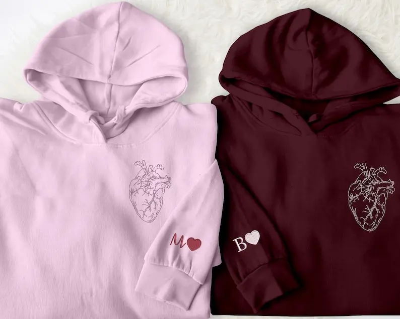 Couple Matching Heart Hoodie, Embroidered Custom Initial Hoodies, Matching Embroidered Hoodie, Personalised Name Sleeve Anatomical Heart Top, Embroidered Matching Sweatshirt, Anniversary Gift For Him
