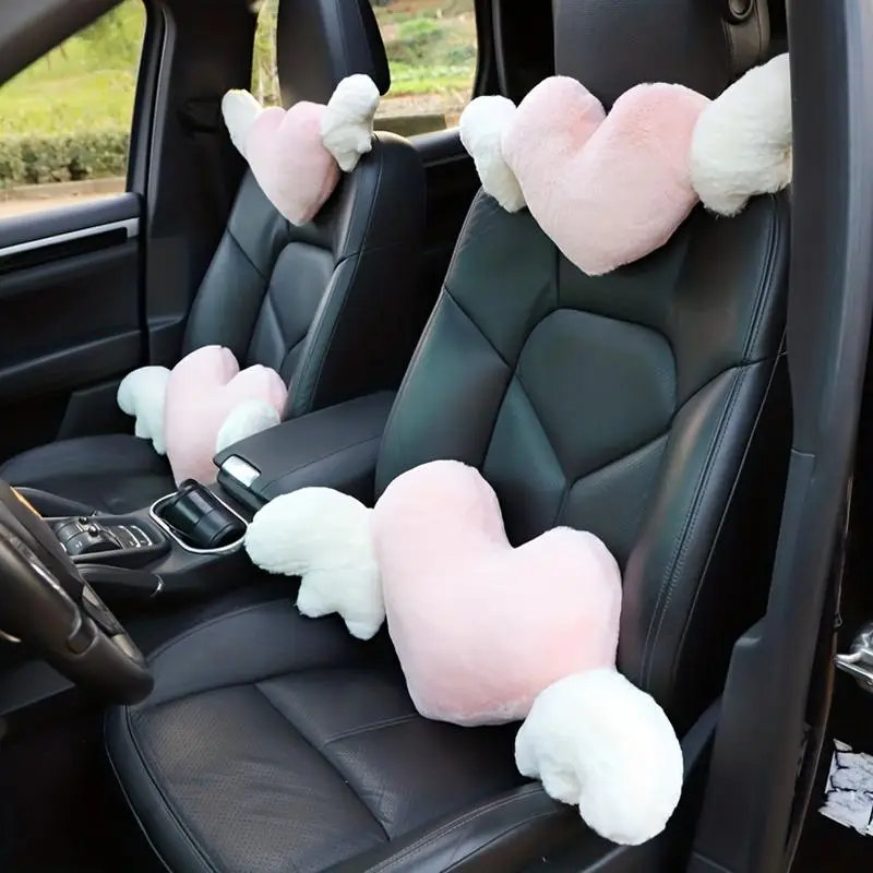 Heart & Wing Design Car Headrest Pillow, Soft Plush Car Headrest Pillow, Seat Neck Pillow, Car Interior Accessories for Women & Girls