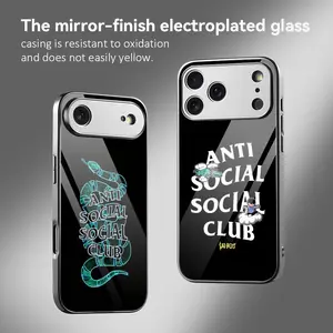 A-ANTI SOCIAL SOCIAL CLUB Phone Case For iPhone 17 16 15 14 13 12 Pro Max Plus Electroplated Metal Bumper Case Slim Tempered Glass Back Advanced Materials Shockproof Anti-Scratch Luxury Case Fashion Durable Stylish