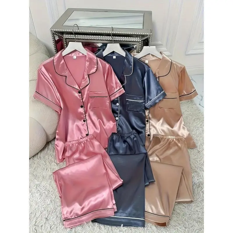 3 Sets Women's Solid Satin Casual Pajama Set, Short Sleeve Buttons Lapel Top & Pants, Comfortable Relaxed FitGift 3 Sets Women's Solid Satin Casual Pajama Set, Short Sleeve Buttons Lapel Top & Pants, Comfortable Relaxed FitGift