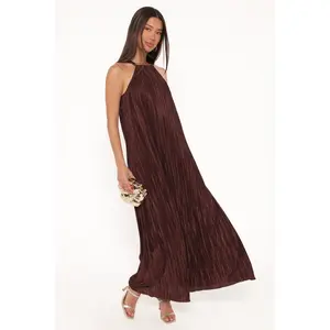 Melody Plisse Halter Maxi Dress - Brown