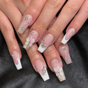 White French Ombre Press On Nails with Rhinestones and 3D Flowers Handmade Coffin False Nails Elegant Luxury Gel Nail Art Set for Weddings Parties Everyday Style