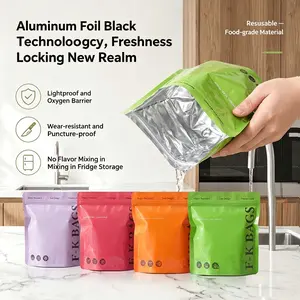 2026New reusable upgraded thickened upright aluminum foil sealing storage bags, with labels and zipper locks, suitable for washable kitchen items like vegetables, fruits, and meat
