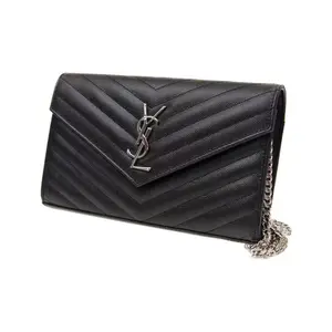 Pre-owned Yves Saint Laurent Per owned YVESSAINTLAURENT YSL Saint Laurent Cassandre Envelope Middle Black Grain Leather Silver Chain