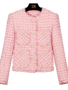 Women's Plaid Print Button Front Crop Jacket, Elegant Fashion Casual Round Neck Outerwear for Daily Outdoor Wear, Ladies Clothes for Spring & Fall, Coats