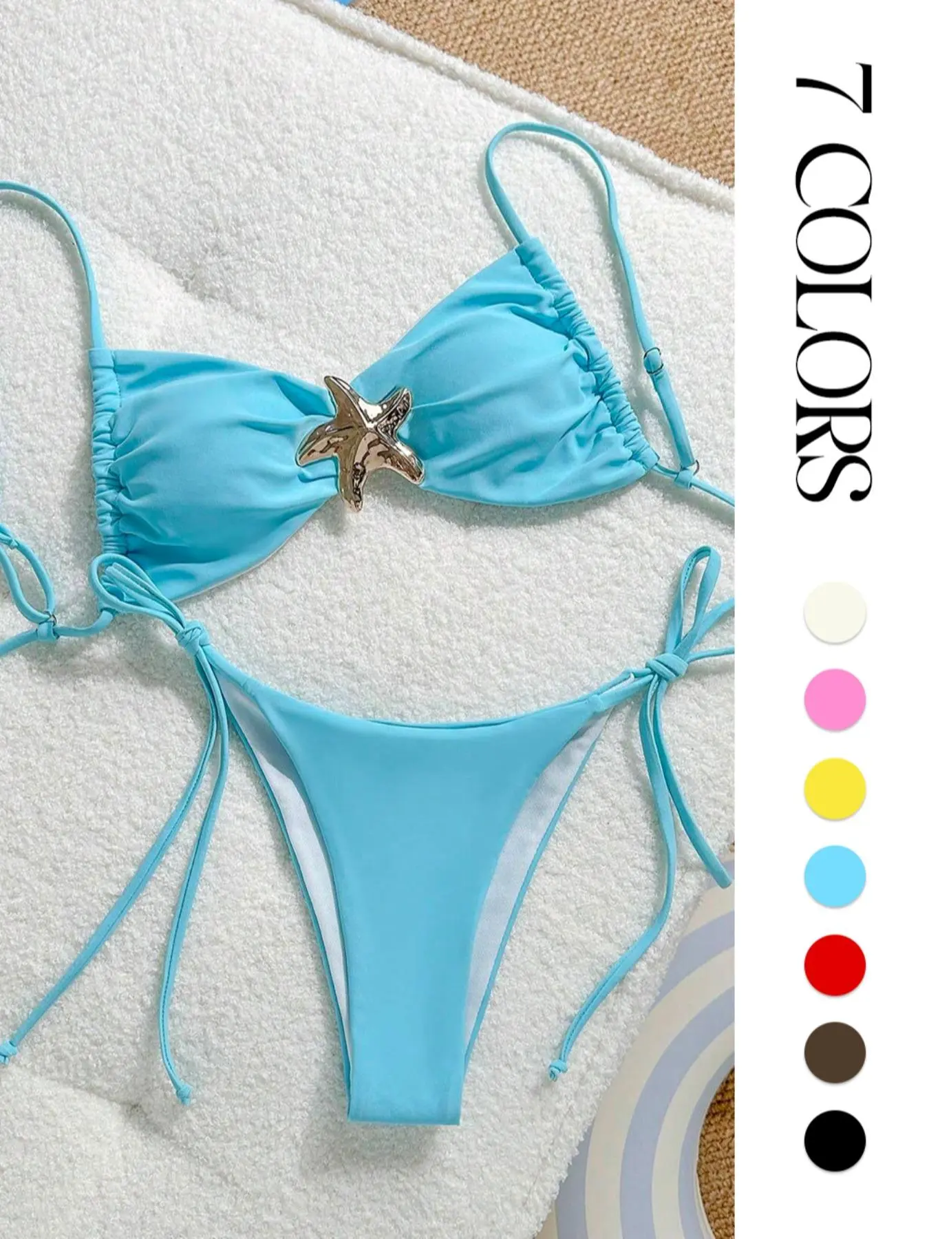 Women's Solid Starfish Decor Ruched Backless Bikini Set, Adjustable Spaghetti Strap Swim Top & Tie Side Swim Bottom, Ladies Swimsuit for Beach Holiday Vacation, Summer Swimsuit Set, Sea Fancy Swimsuits, Bikini Swimwear Set
