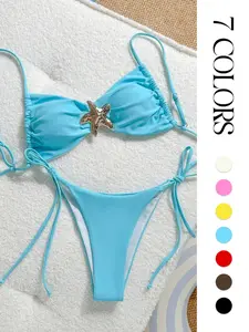 Women's Solid Starfish Decor Ruched Backless Bikini Set, Adjustable Spaghetti Strap Swim Top & Tie Side Swim Bottom, Ladies Swimsuit for Beach Holiday Vacation, Sea Fancy Swimsuits