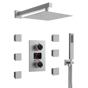 12 Inch Wall Mounted Constant Temperature Shower Faucet,with LCD Display,Thermostatic Shower System,Rain Shower System,with 6 Massage Nozzles and Hand-held Spray