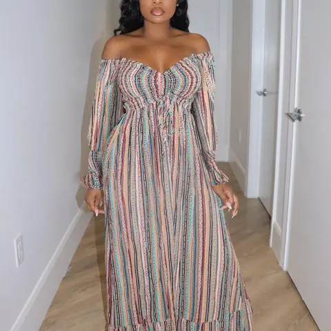 Women's Striped Print Off Shoulder Shirred Ruffle A Line Dress, Casual Boho Chic, Boho Flounce Sleeve Maxi Dress for Fall & Winter, Boho Long Dress, Women's Clothing for Daily Wear
