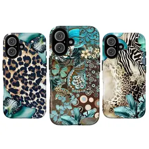 Vintage Teal Leopard Print Aesthetic Phone Case Leopard Zebra Butterfly Vintage Collage Art Phone Case, Boho Patchwork Tough Case Collection, Suitable for iPhone 17-11