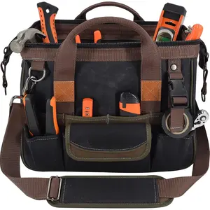 30-Pockets Canvas tool bag, 14-Inch Heavy Duty Waxed bags heavy duty, Tool duffel, Lineman Electrician for electricians,Tool men duty Black/Brown/Olive