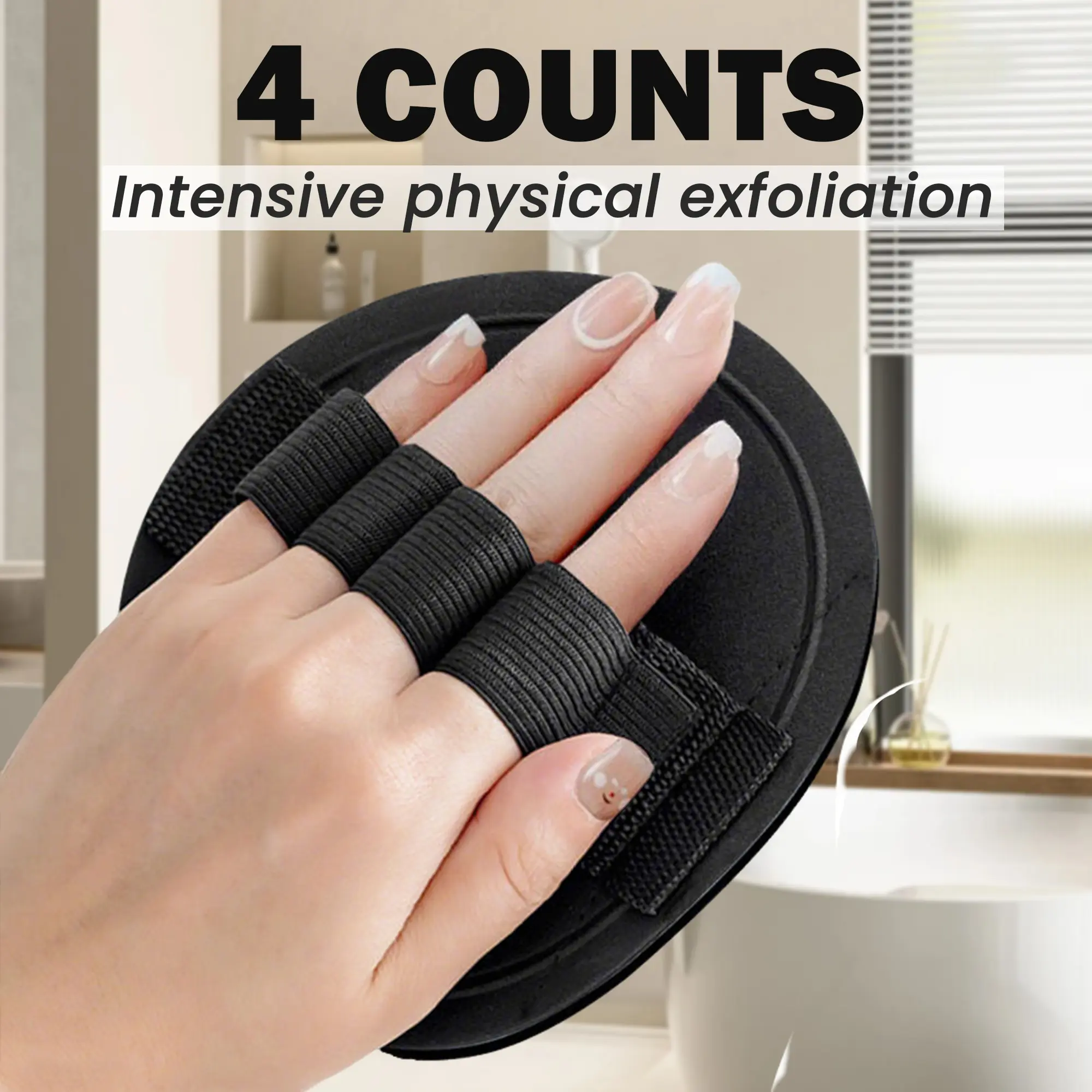 Hand holding exfoliating body scrubber pad