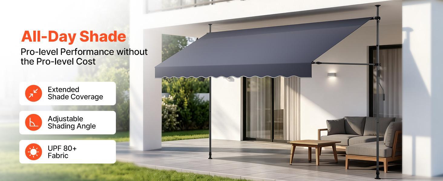 VEVOR Manual Retractable Awning, 157" Outdoor Retractable Patio Awning Sunshade Shelter, Height Adjustable Patio Door Window Canopy with Manual Crank Handle for Backyard, Garden, Balcony, Dark Gray