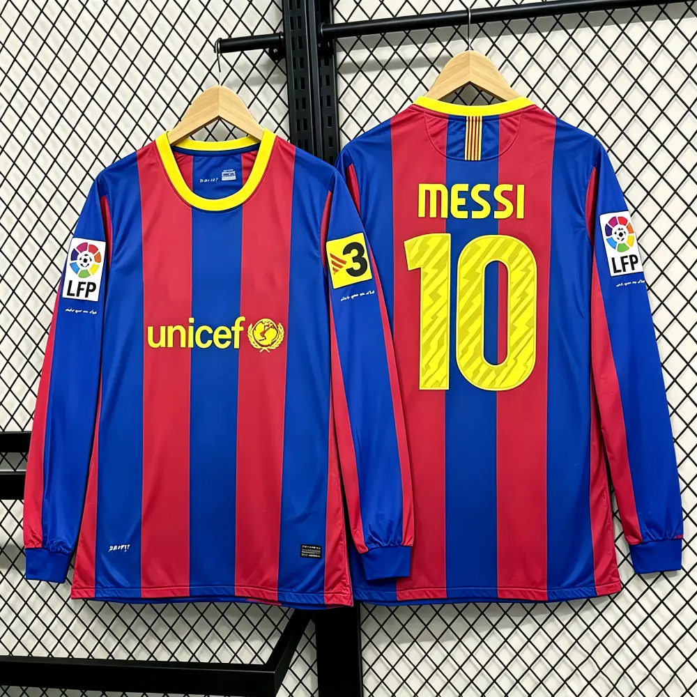 2010-2011 Season Home Barcelona Red and Blue Messi No. 10 Long Sleeve Comfortable Jersey