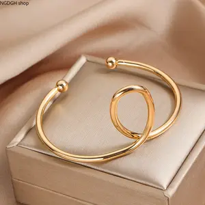Gold Twisted Open Cuff Bracelet - Trendy Modern Minimalist Gold Bangle with Interlocking Loop Design & Ball Ends, Lightweight Comfortable Adjustable Statement Jewelry for Women, Perfect for Daily Office Date Night Party & Elegant Layering Looks