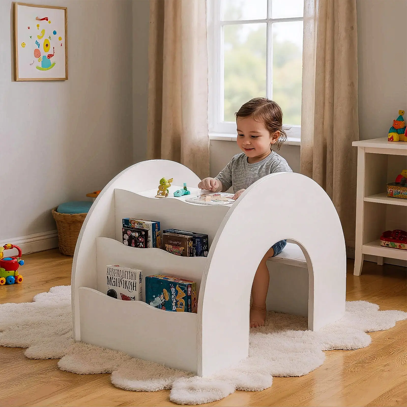 COZPAW 3-in-1 Kids Table and Chair Set, Toddler Activity Table with Book Shelf for Ages 2-7 | Arched Baby Bookshelf with Desk for Reading Drawing Playing (white)