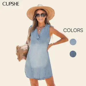 CUPSHE TikTokShopSpringGlowUp Women's Denim V-Neck Mini Dress Sleeveless Casual Summer Sundress for Vacation & Daily Wear Basic Comfortable Chic Style birthday outfit Light Blue