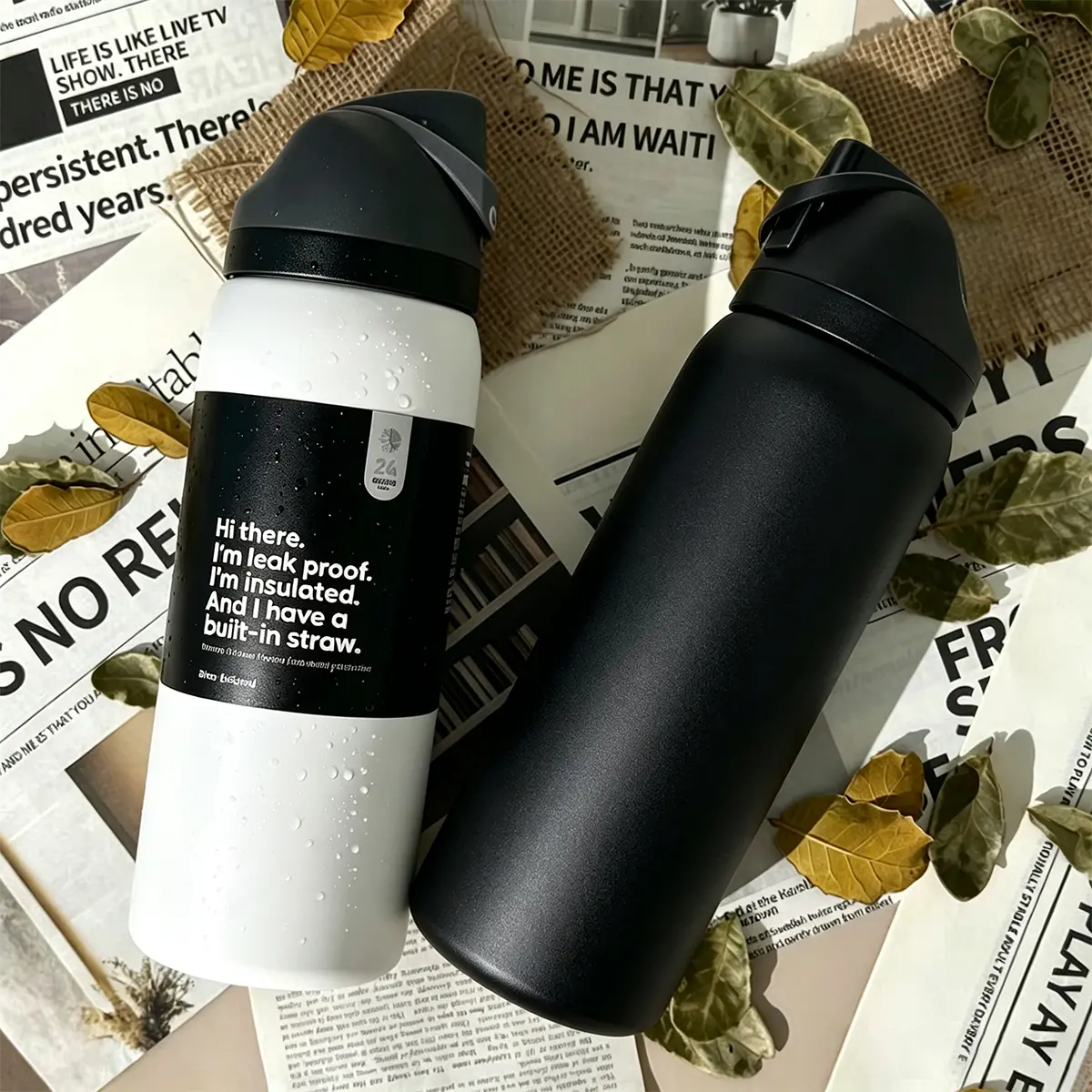 OW Very Dark/Shy Marshmallow 304L Stainless Steel Vacuum Flask, 32Oz/945ml Straw-Equipped Dual-Drinking Vacuum-Insulated Bottle, Leak-Proof Drink-Keeping Insulation Sports Drinkware for Camping-Cycling, Summerwins Car-Mounted Ice Cooler Cup, Stainless Ste