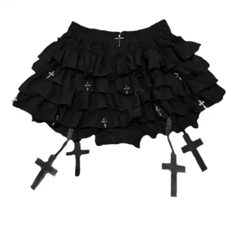 Y2K Black Lace-Up Tiered Mini Skirt – High Waist Puffy A-Line Cake Skirt for Women Summer 2026