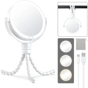 5.85" Tripod Travel Makeup Mirror with Lights and Magnification 1X/10X, 4 in 1 Winding Hanging Handheld Tabletop, 3 Light Colors and Adjustable Brightness - White