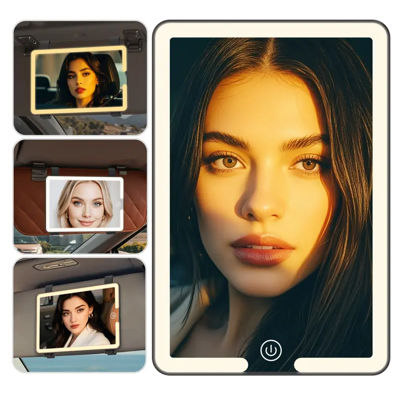 Ultra-Thin LED Car Sun Visor Makeup Mirror - 1000mAh Rechargeable Li-Ion Battery, USB Charging, 3 Lighting Modes (Cold/Warm/Natural), Touch Control Dimming, Adjustable Strap, 0.4in Slim Profile Blends with Visor, Travel-Friendly Car Exterior Accessory