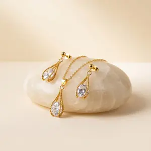 Women's Gold Plated 2-Piece Cubic Zirconia Jewelry Set - Necklace & Earrings for Daily Wear