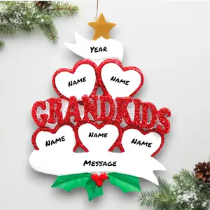 Personalized Grandkids Hearts 5 Christmas Ornament – Custom Names, Year & Message – Red Glitter GRANDKIDS Tree Decoration – Noel Box