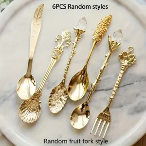 6PCs Vintage Spoon Fork, Mini Royal Style Golden Carved Coffee Snack Fruit Fork, Kitchen Tools Caddy Spoon Halloween Gift