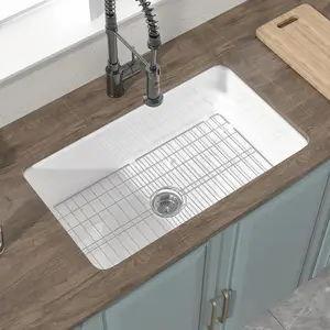 Marevia 32“ White Fireclay Kitchen Sink - Topmount Drop-In Single Bowl Sink, 32 x 19 Inch Undermount Option, Stain Resistant & Non-Yellowing, Modern Kitchen Remodel Essential with Protective Grid