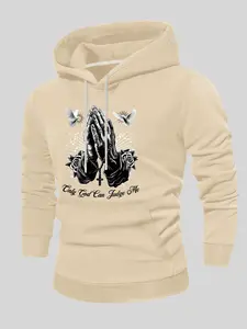 Men's Rose & Dove Print Thermal Lined Hoodie, Casual Regular Fit Long Sleeve Hooded Sweatshirt for Fall, Men's Top for Daily Wear, Pullover, Casual Drawstring Hooded