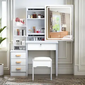 Makeup Vanity with Mirror and Lights,Modern Bedroom Makeup Table Set with Upholstered Stool,Vanity Desk with 4 Drawers & Shelves,3 Color Lighting Brightness Adjustable,White