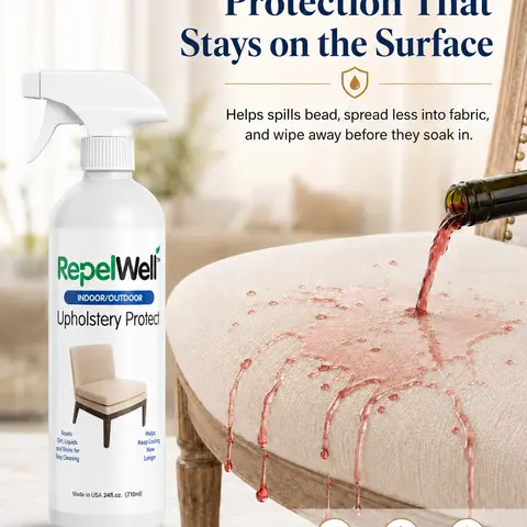 REPEL WELL Long-Lasting Anti-Stain Liquid Fabric Protector Spray - Cleaning Agent, Furniture Care Spray, Moisture-Resistant, Odor-Free, Non-Toxic for US Couches, Upholstery, Leather - Repels Water, Wine, Coffee, Pet Stains - 12oz/24oz Home Care Cleaner