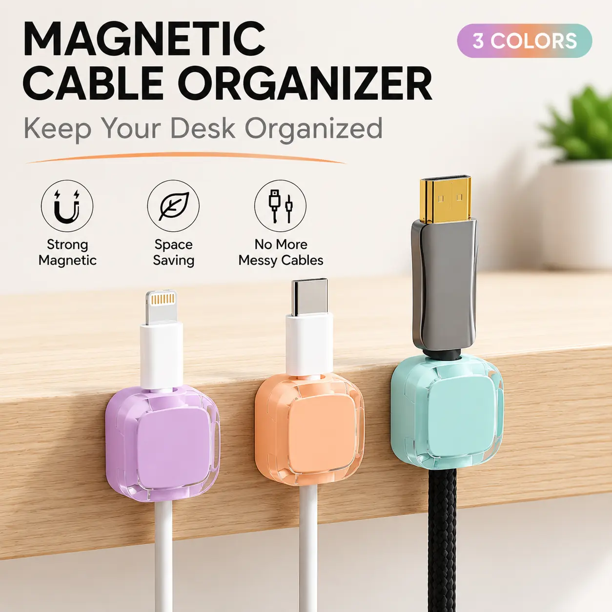 Magnetic Cable Organizer Clips, 3/6 Pack Self Adhesive Cord Holder for Desk, Charging Cable Management, Space Saving Wire Organizer for Home Office, Nightstand & Car