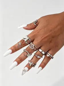Y2K Gothic Butterfly Heart Flower Silver Color Stackable Rings, Dainty Rhinestone Open Rings Set, Aesthetic Grunge Punk Jewelry for Women