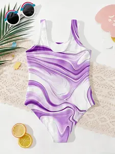Girls' Gradient Fluid One-Piece Swimsuit, Tween Swimsuits, Casual All-Over Print, Perfect for Parties, Festive Gifts, Birthday Presents