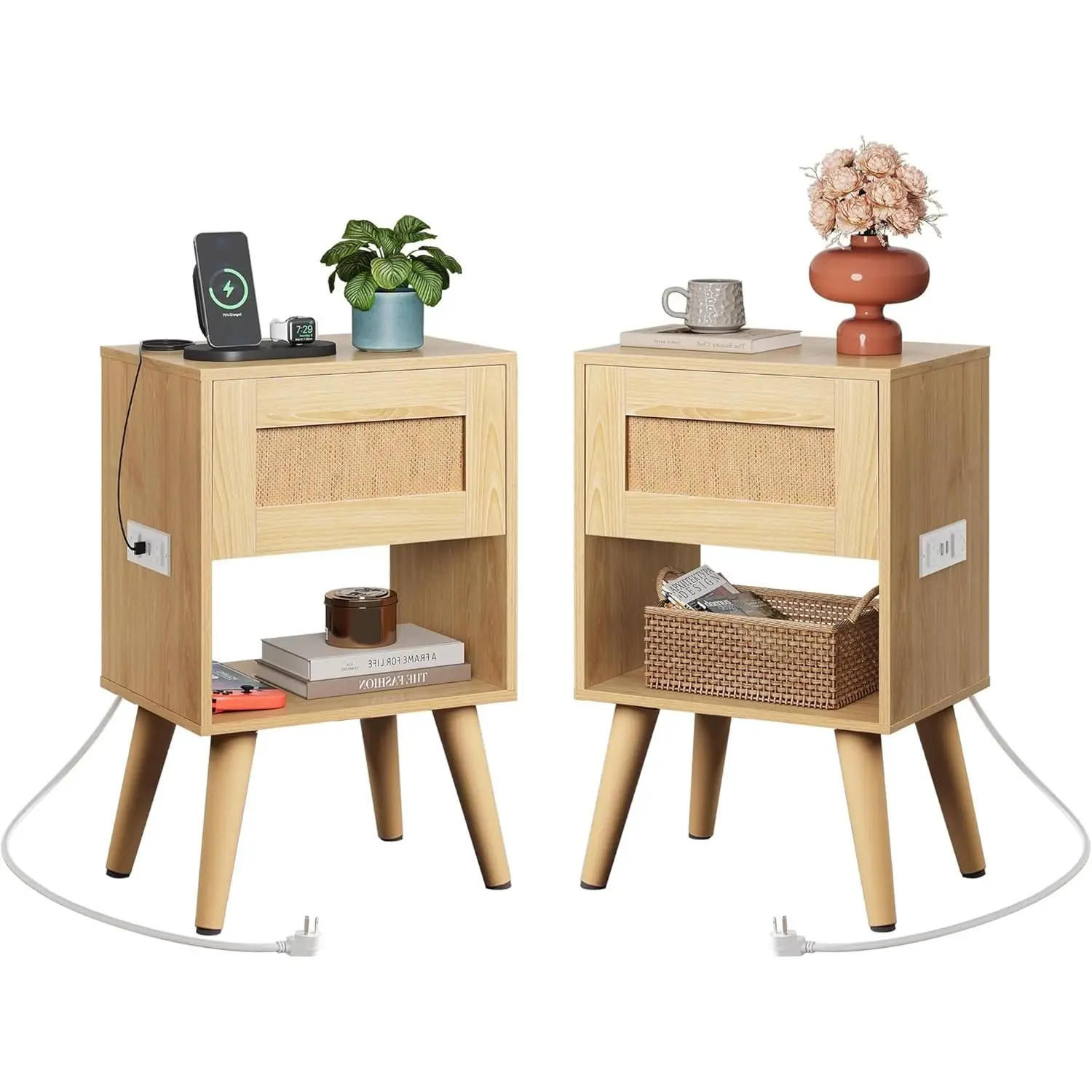 WLIVE Rattan Nightstands Set of 2 with Charging Station, Boho Nightstand, Wood Side Table, Small End Table with Drawers for Bedroom, Living Room, Natu