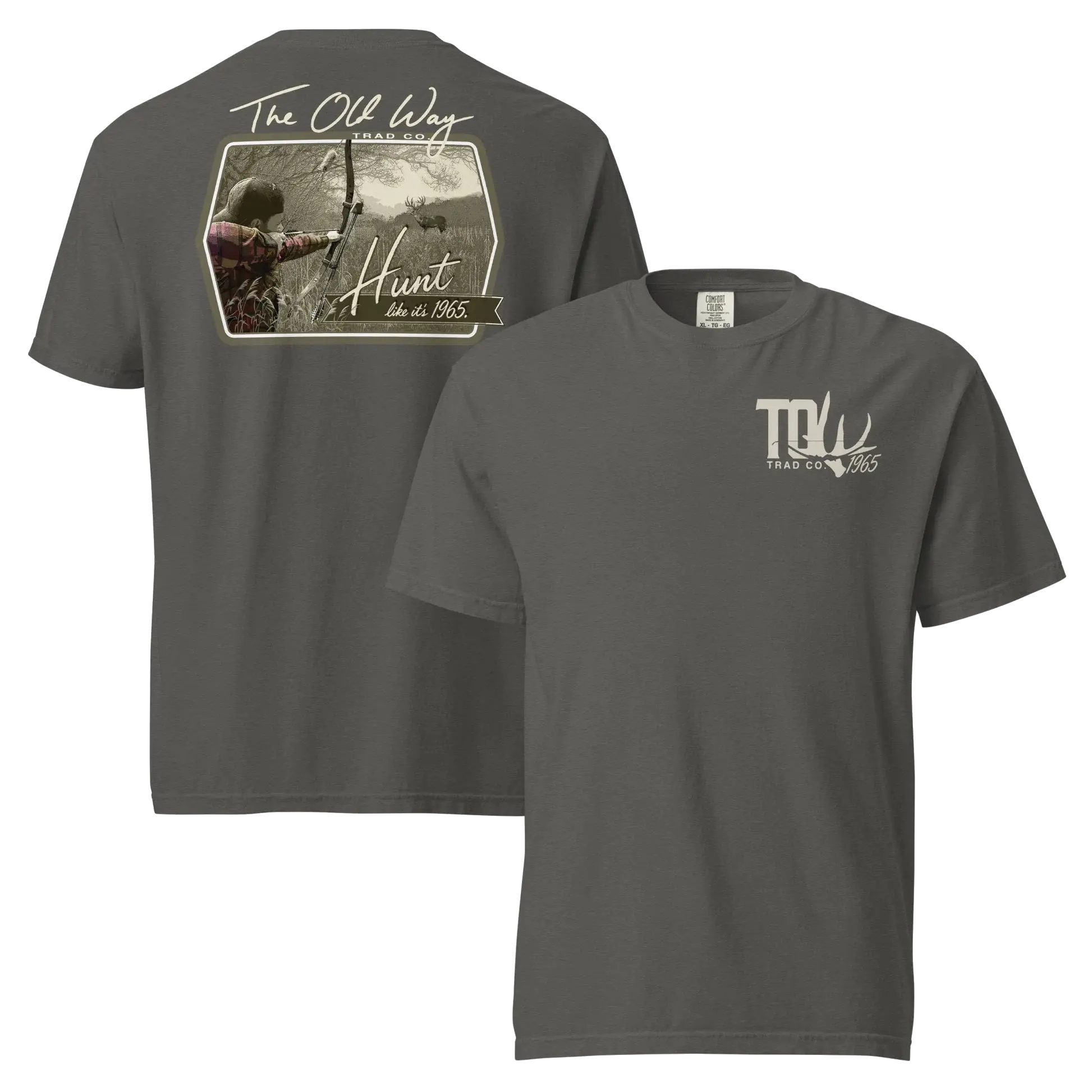 The Old Way Trad Co. Hunt Like It's 1965 T-Shirt – Traditional Archery & Whitetail Deer Hunting Graphic Tee Featuring Custom Bowhunter Silhouette & Antler Logo Design, Vintage Outdoor Trade Apparel Novelty Gift for Bowhunters & Outdoorsmen