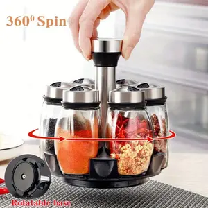 7 Piece Spice Rack Set Glass Storage Box Rotating Seasoning Sugar Pepper Bottle Salt Shaker Kitchen Organizer Holder Kitchen Gadgets