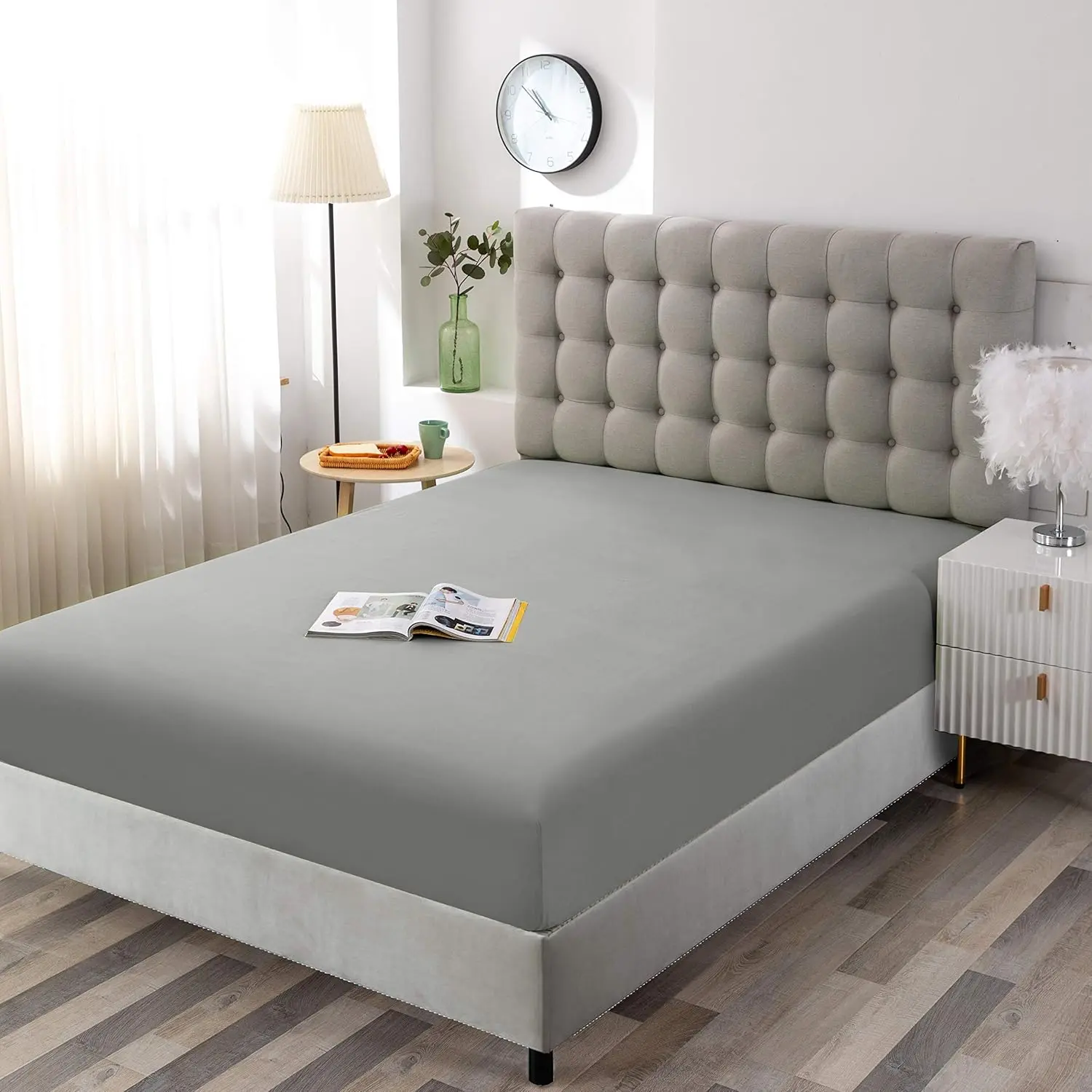 Twin Grey Fitted Sheet Only, Wrinkle Free - Microfiber Bed Sheet with Deep Pocket