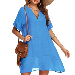 Women's Swimsuit Cover Up Shirt Summer Bathing Suit Dress Black V-Neck Short Sleeves Beachwear Swimwear Coverups Womenswear Blouses