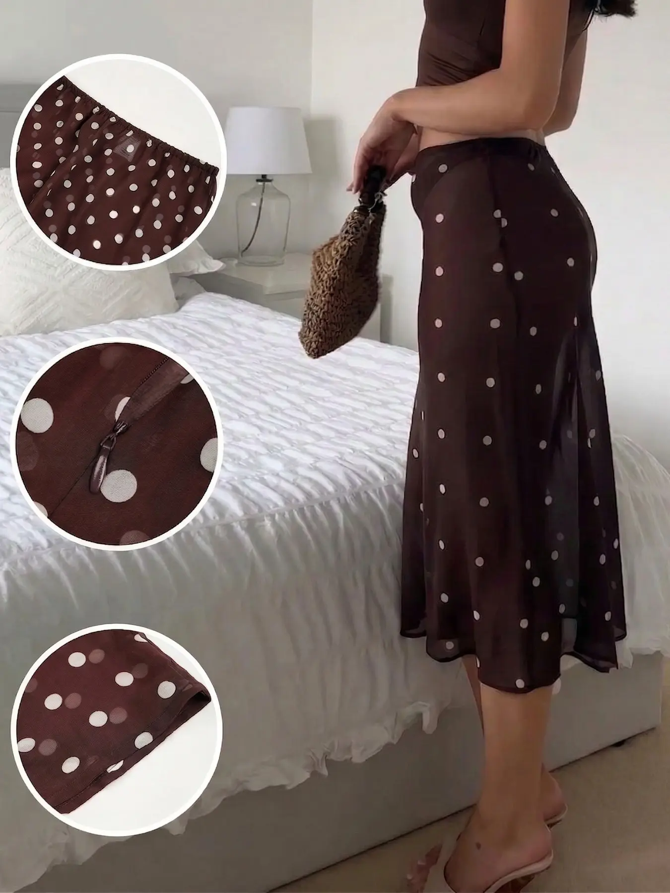 Brown Polka Dot Midi Skirt High Waist A Line Flowy Chiffon Skirt Lightweight Sheer Casual Streetwear Summer Vacation Beach Chic Vintage Y2K Elegant Swing Skirt High Waisted Skirt