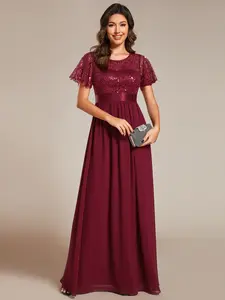 Ever-Pretty  Round-Neck Sequin High Waist Short-Sleeved Formal Evening red prom dress 02126