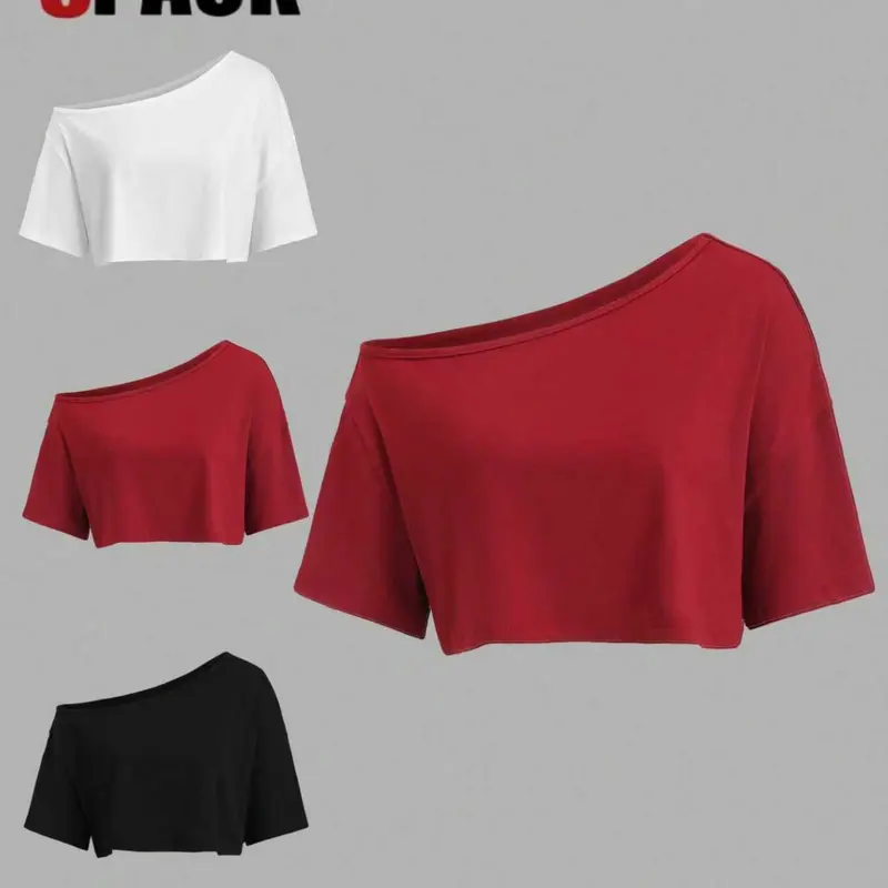 New Fashion Women's Asymmetrical Neck Short Sleeve Fitted Top Set, Three-Piece Matching Sets Casual Style Set Casual Summer Outfit, Chic Stylish Minimalist Ladies' Basic Clothing, Womenswear