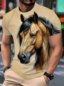 Men's Horse Pattern Printed T-Shirt, Vintage Round Neck Short Sleeve, Summer Casual Fashion Outdoor Streetwear, Perfect for Vacation and Daily Wear