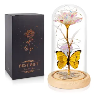 DEEMEI Room Decor Artificial Rose Flower With Glass Cover Dome,Led & Butterfly For Home Party Christmas Valentine's Day Creative Birthday Present Gift