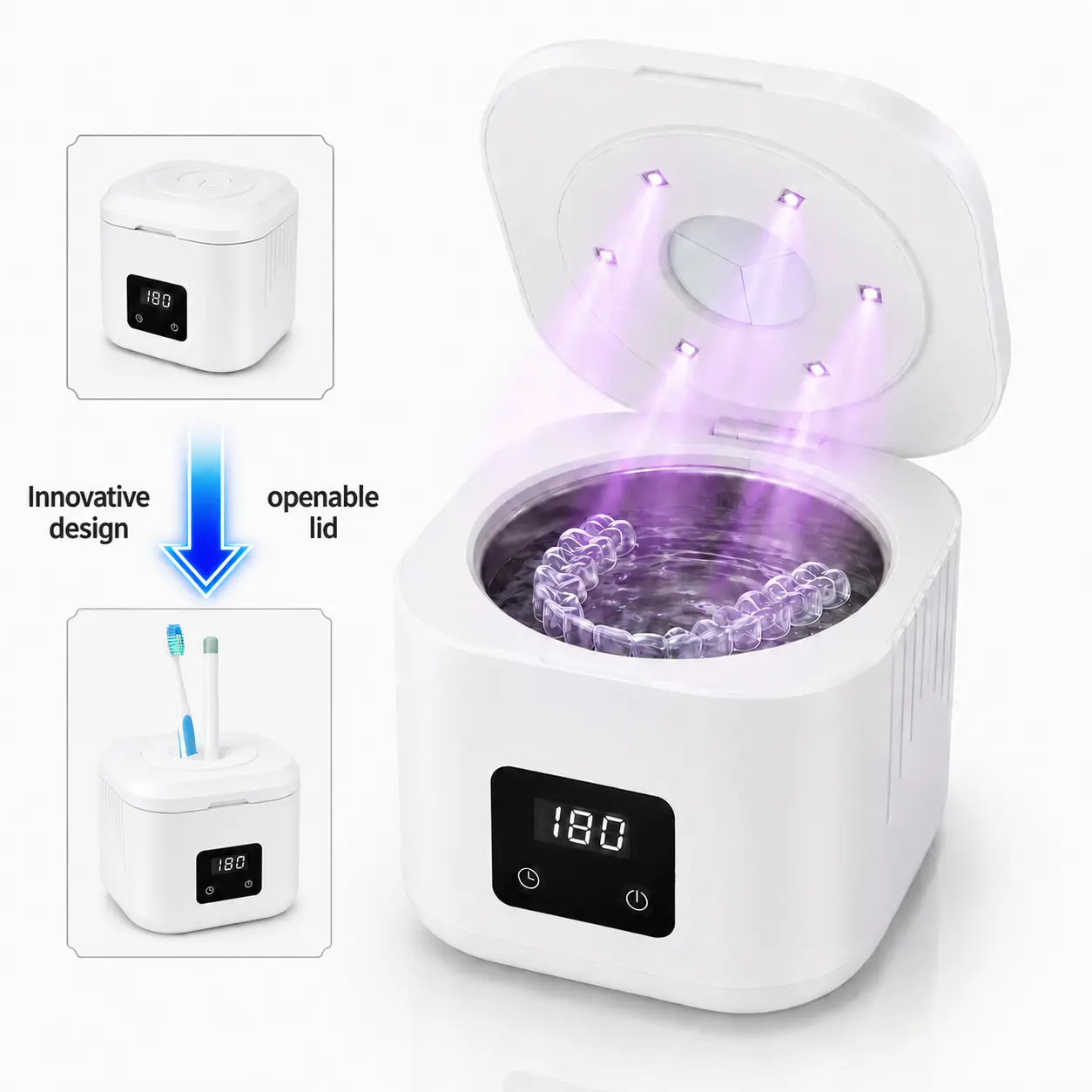 Portable Ultrasonic Retainer Cleaner Machine - 340ML Compact Steel ABS Sonic Cleaner with 50kHz Water-Based Cleaning, 3 Timer Modes, Built-In LED Lights for Retainers, Dentures, Jewelry