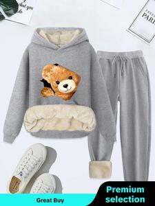 women's cartoon bear print thermal lined hoodie & pants two-piece set, casual  hooded sweatshirt & pocket trousers for fall & winter, women's clothes for daily wear